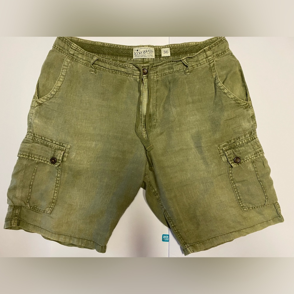 Lucky brand men’s cargo shorts 100% linen olive green 36 RIPPED